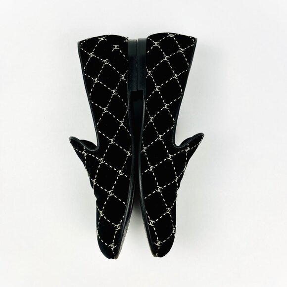 Chanel CC Logo Velvet Moccasin Loafers Black - Picture 7 of 12